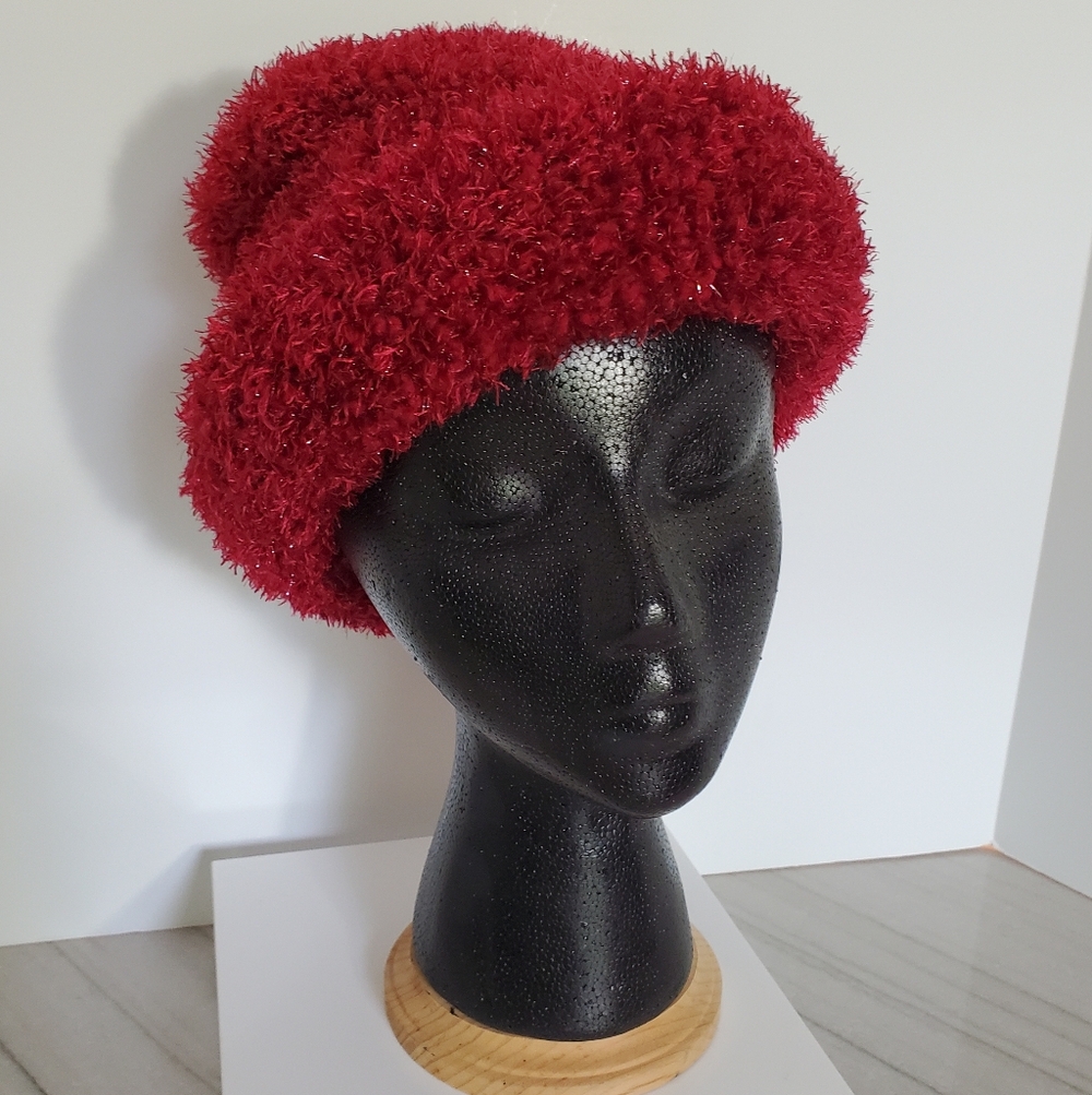 VINTAGE CEJON DARK RED BOUCLE METALLIC SPARKLE BUCKET HAT WOMEN OS COZY FESTIVE